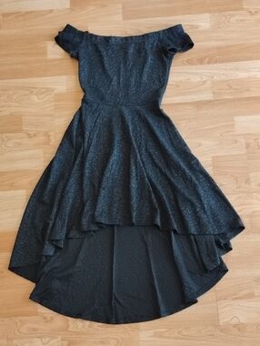 Windsor Sparkle Off-Shoulder High-Low Black Dress